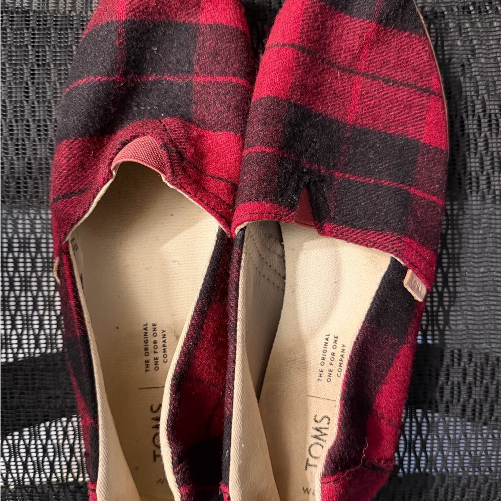 TOMS Red and Black Checkered Slip-Ons